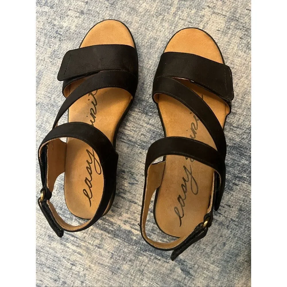 Easy Spirit Black Kaylynn Adjustable Ankle Top Strap Wedge Sandals 6.5 Wide